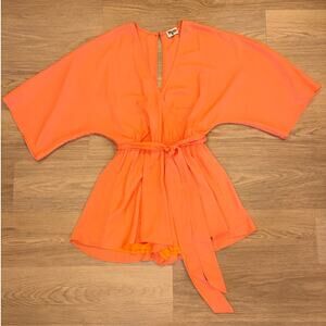 Show me your Mumu bright coral/orange romper with wide sleeve womens size small